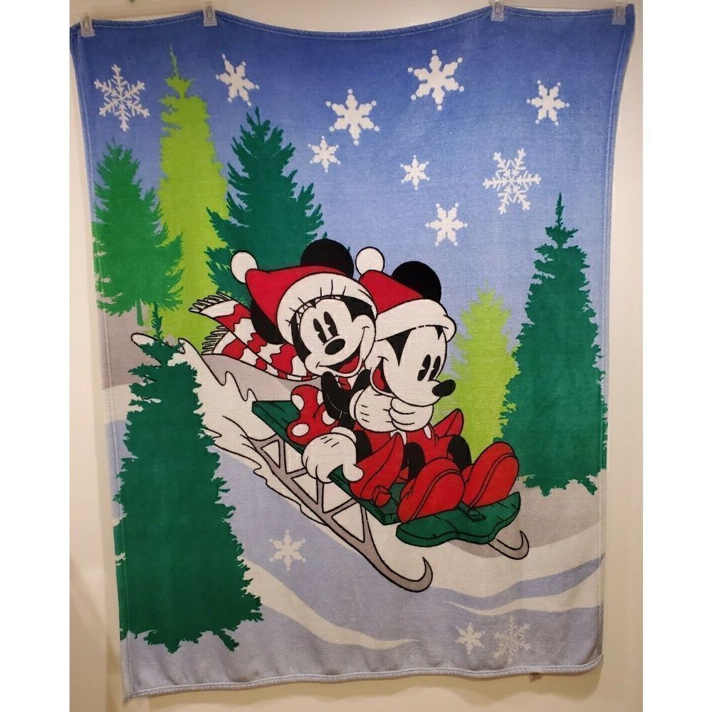 Vintage DISNEY Fabricado Mickey Mouse Minnie Mouse Christmas Blanket RARE 48x60